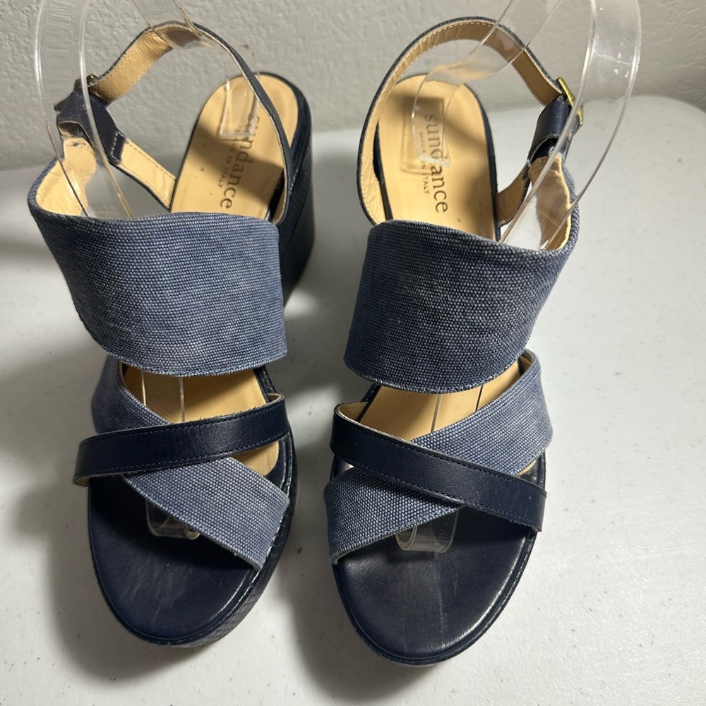 Sundance Women's Blue Strappy Sandals Platform Wedge Denim ITALY